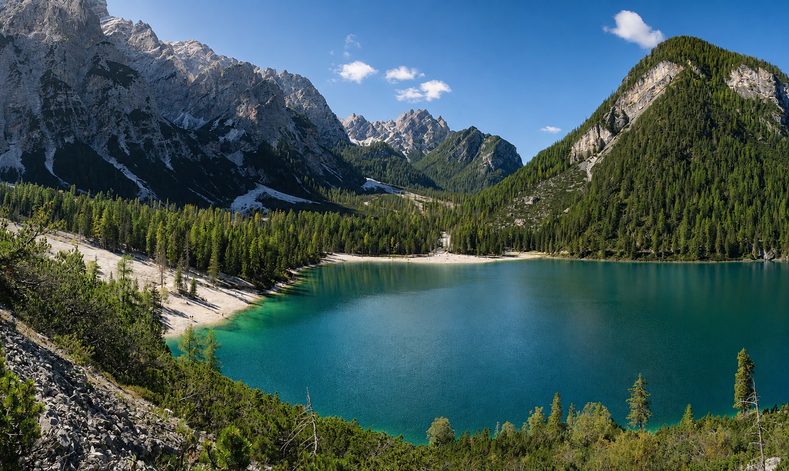 AI-enhanced view: Turquoise Lake Braies beneath rocky Dolomite peaks and pine forests in South Tyrol, Italy.
