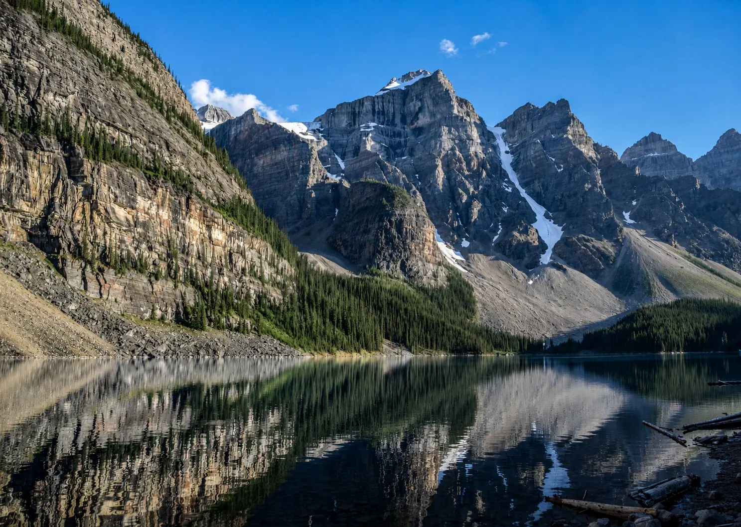 AI-enhanced view: Mountain cliffs and forest reflected in Moraine Lake in Banff National Park, Canada.