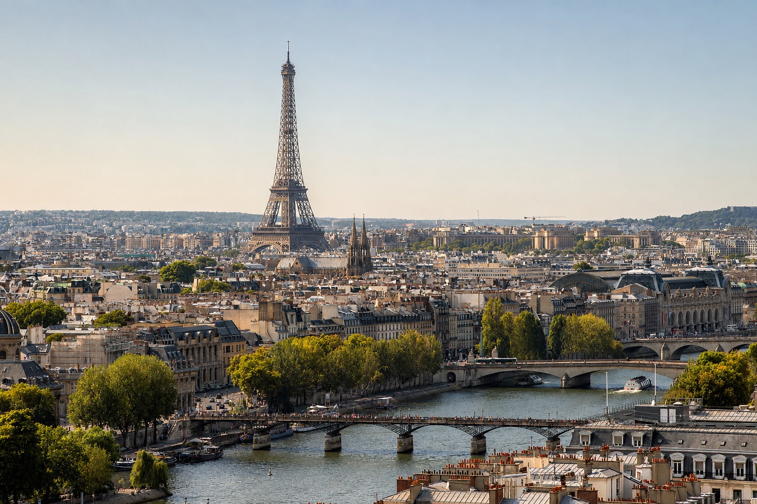 AI-enhanced view: The Eiffel Tower, rooftops, and bridges across the Seine in Paris in daylight.
