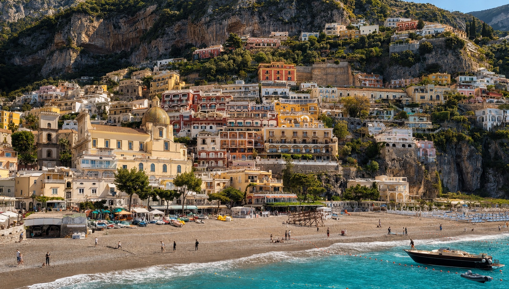 AI-enhanced view: Pastel buildings and the domed church above Positano beach on Italy’s Amalfi Coast.