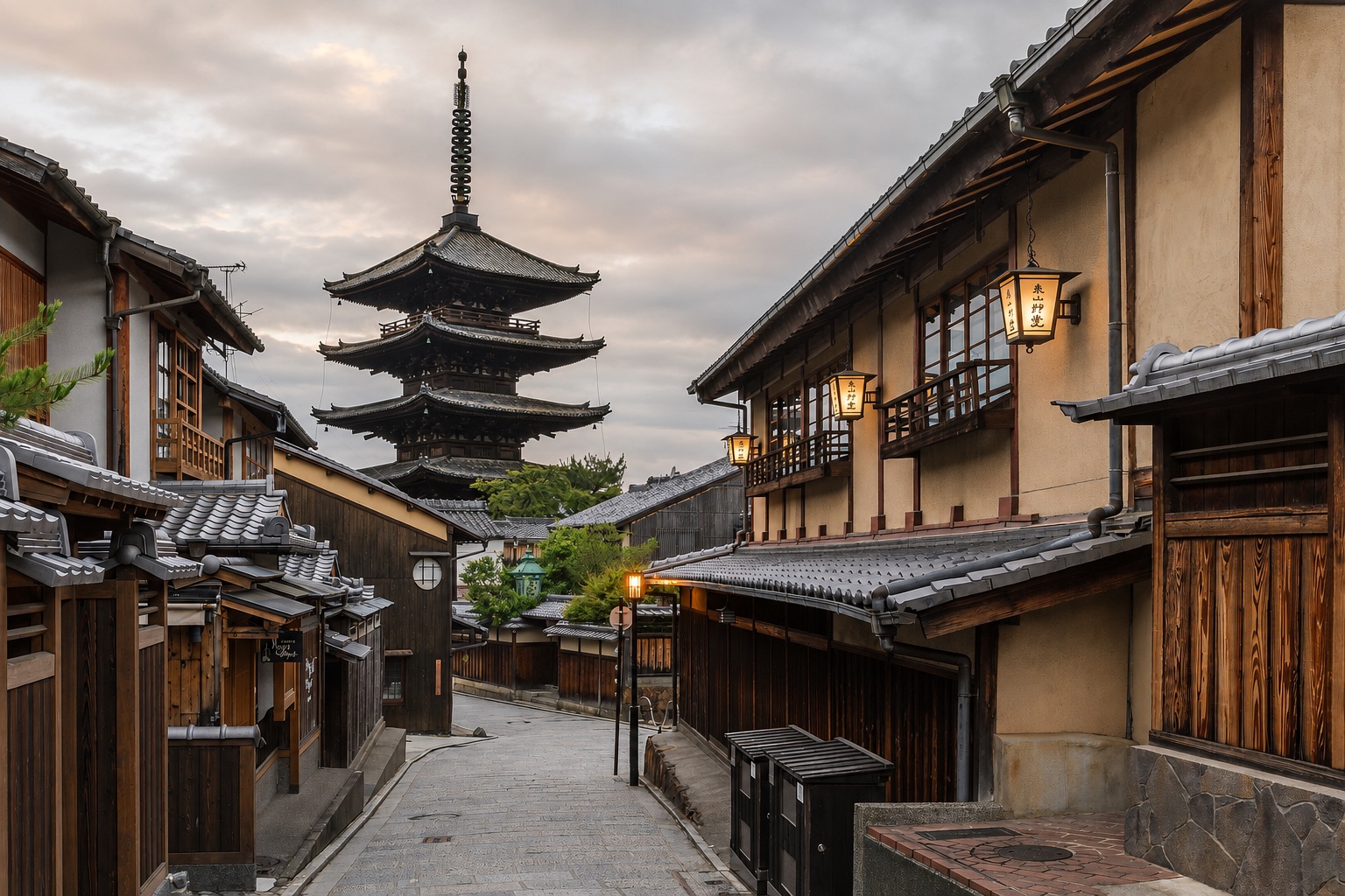 AI-enhanced view: Yasaka Pagoda above a quiet lantern-lit street of traditional wooden buildings in Kyoto.