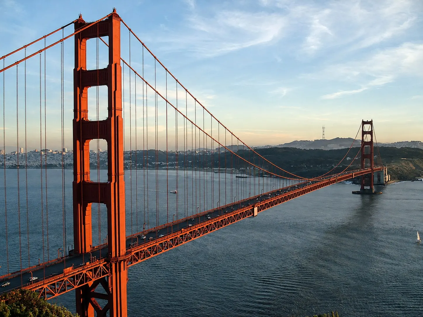 AI-enhanced view: Golden Gate Bridge and San Francisco Bay from the Marin Headlands.
