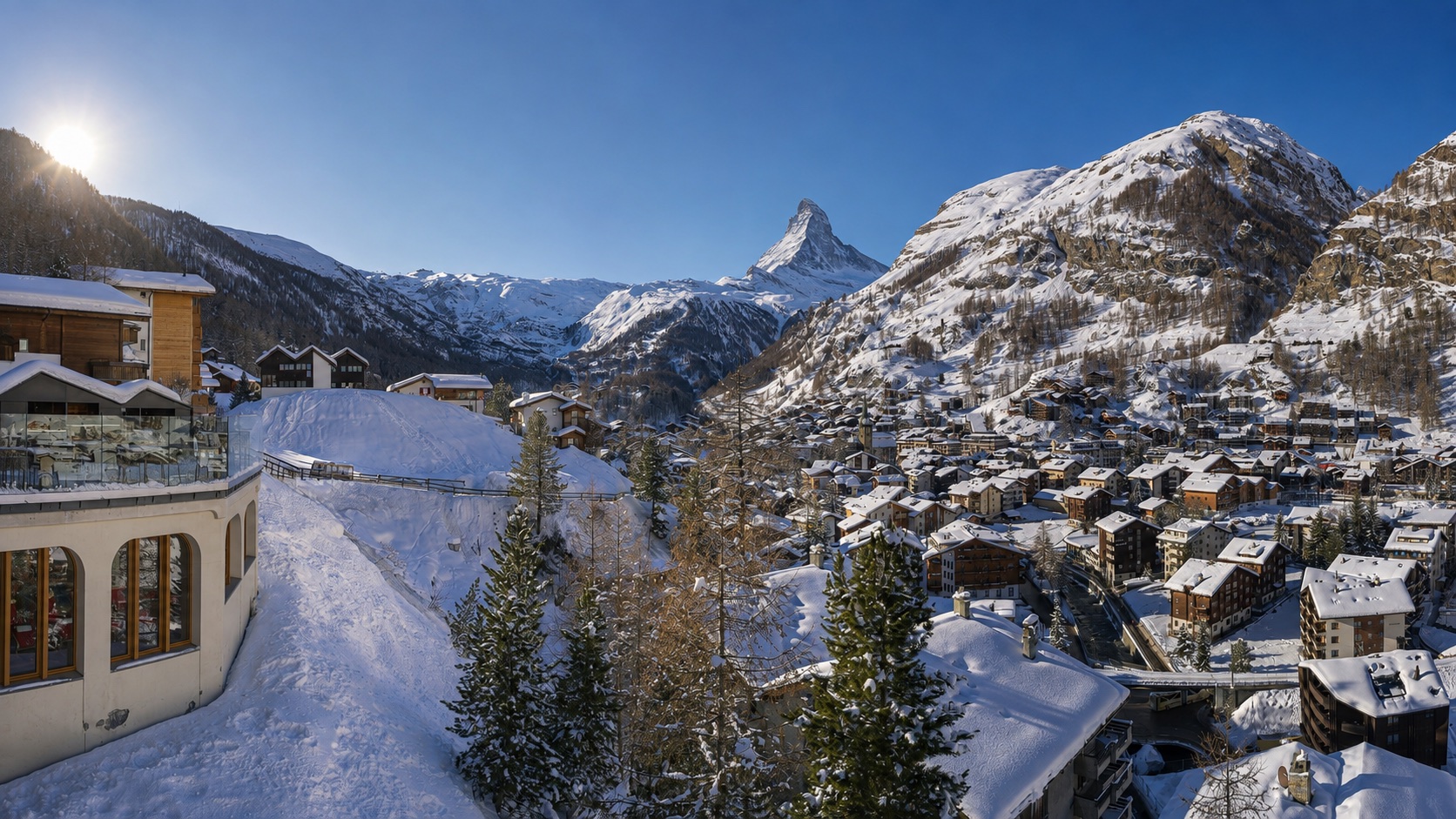 AI-enhanced view: Snow-covered Zermatt and the Matterhorn, seen from Hotel Schönegg in winter.
