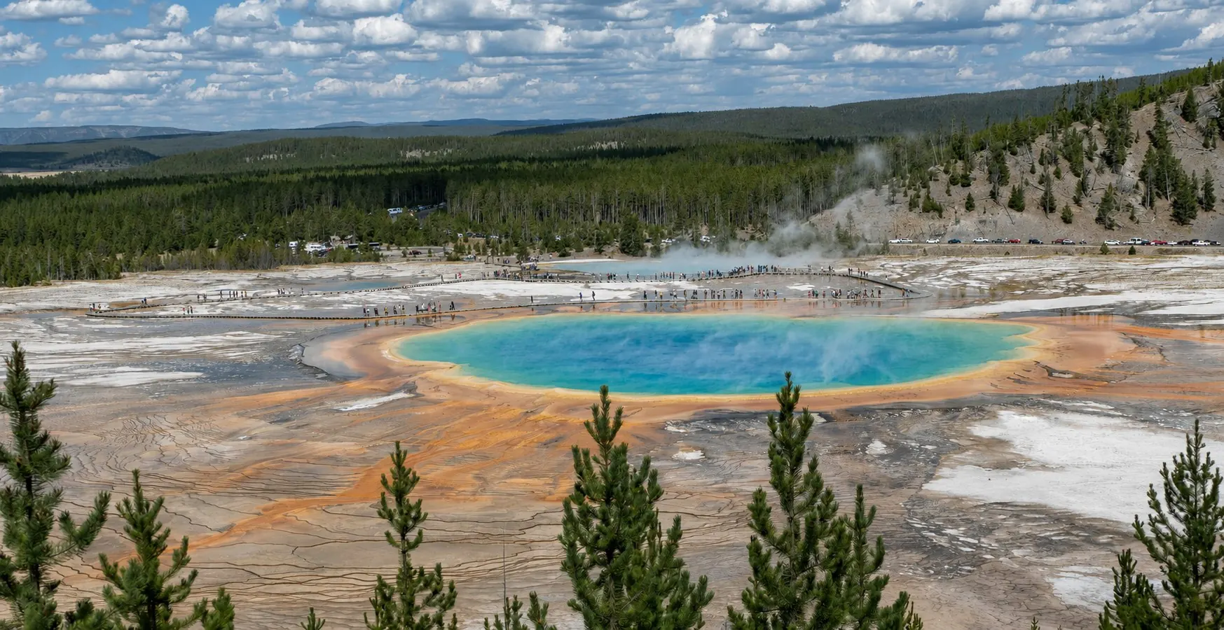 AI-enhanced view: Grand Prismatic Spring and its mineral-colored edges, boardwalks, and forest in Yellowstone National Park.